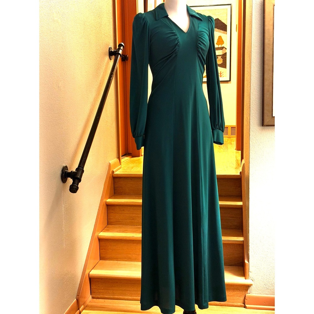 Vintage 70's Maxi Dress Emerald Green V-Neck Long Sleeved Size S/6
